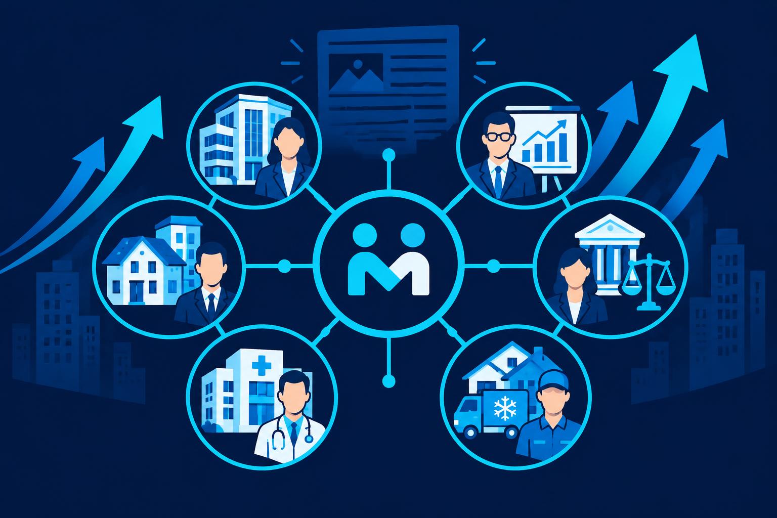 Partner Program graphic showing agencies and businesses connected through one content platform with rising growth arrows